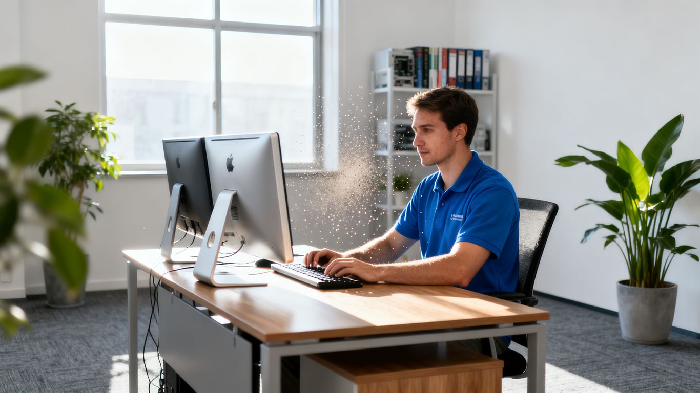 IT technician working on a computer in an office.