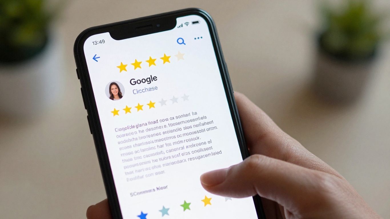 Smartphone displaying a 5-star Google review.