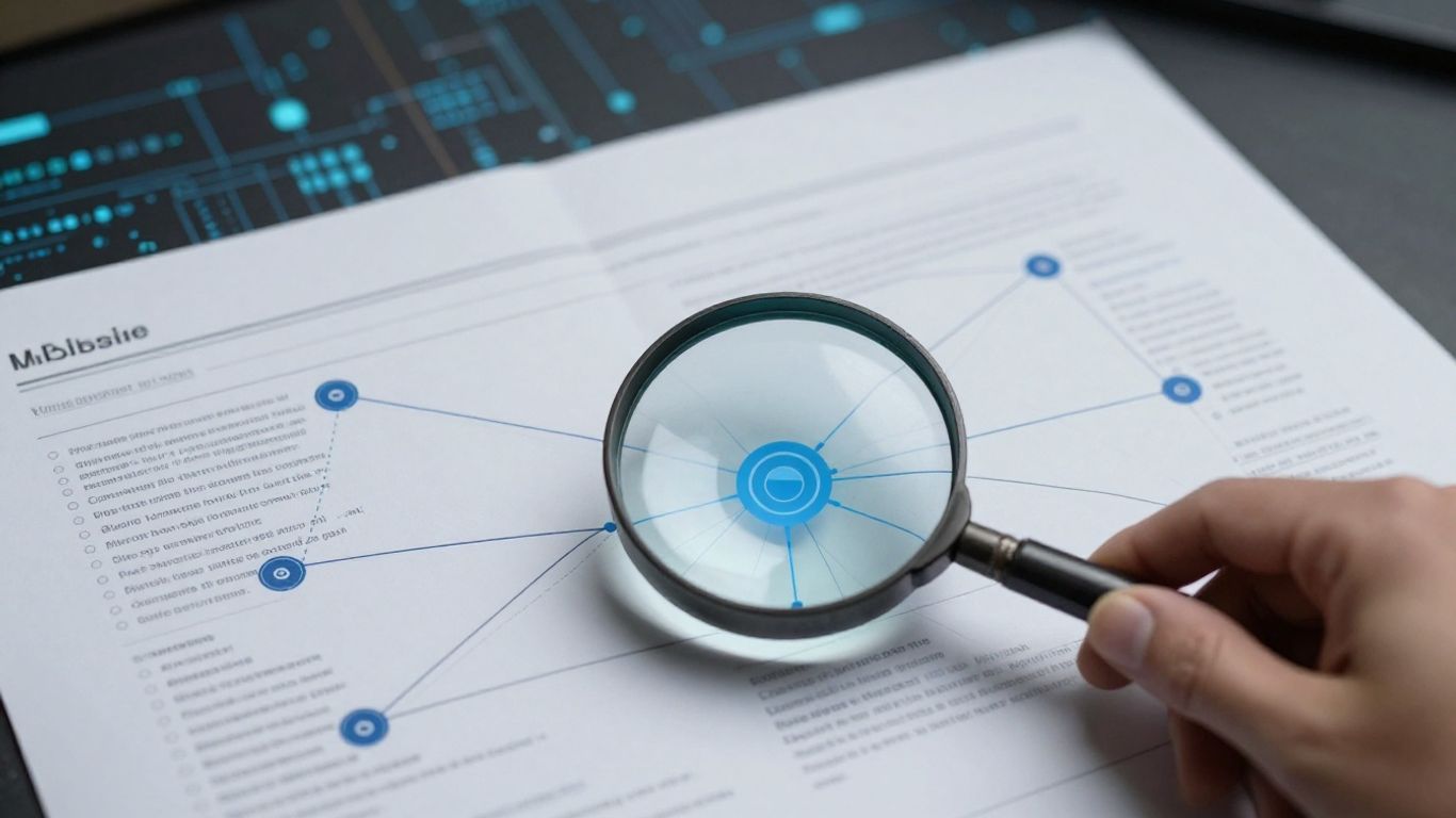 Blueprint of website pages with magnifying glass.