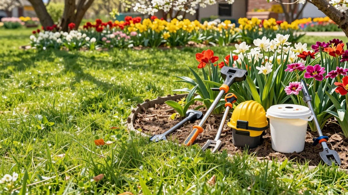 Contractor's tools in a spring garden setting.