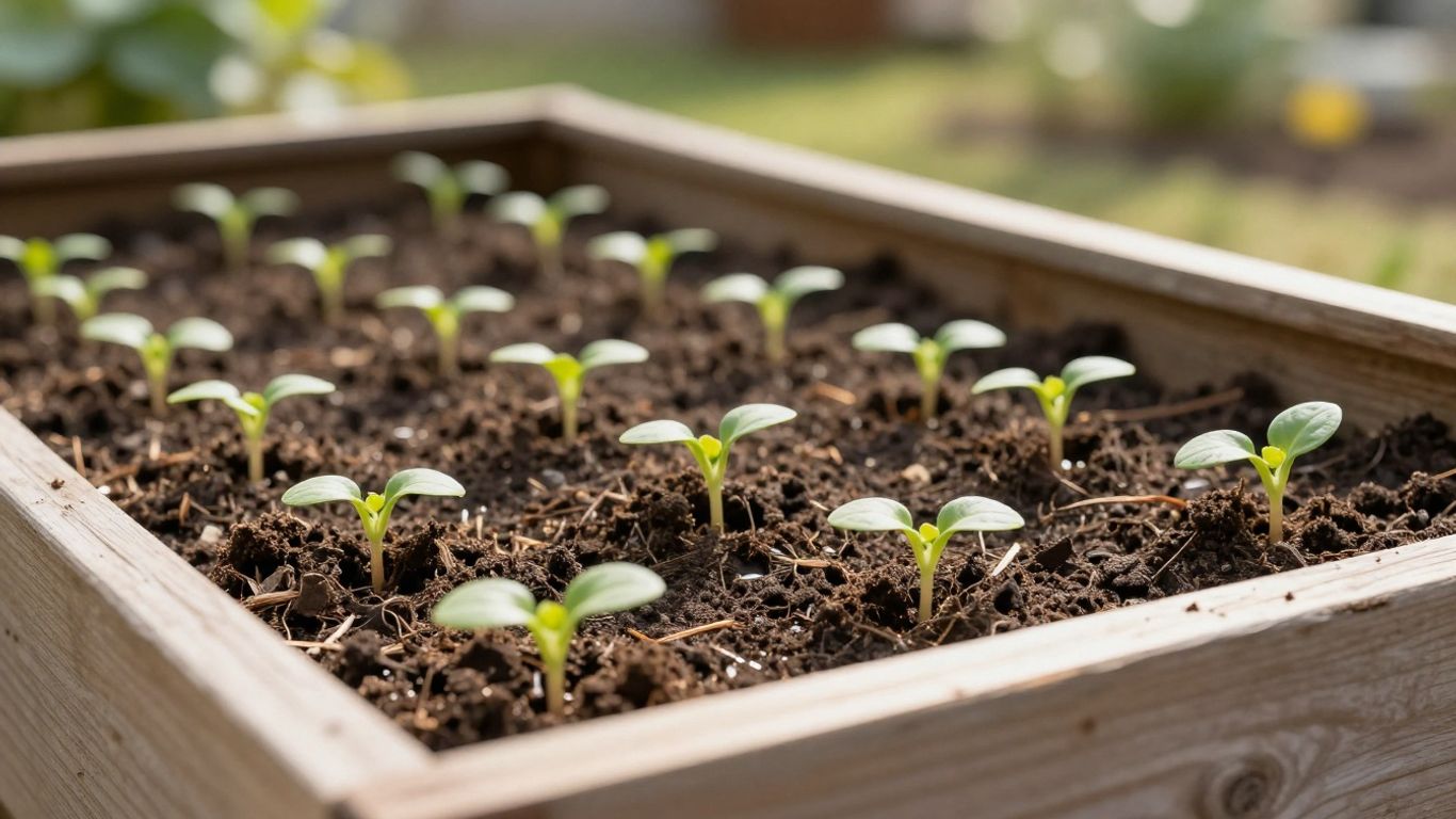Frisch vorbereitetes Hochbeet mit ersten zarten Pflänzchen im Sonnenlicht.