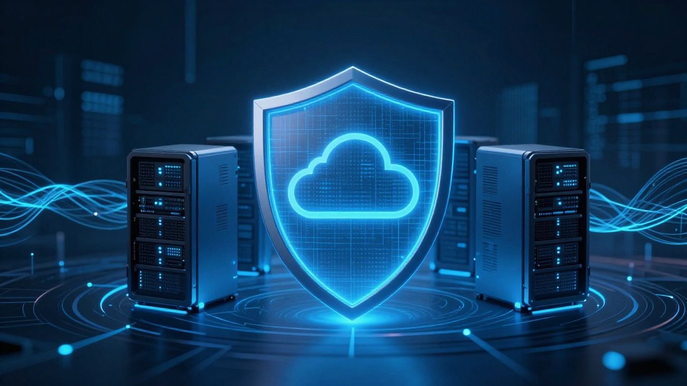 Cloud security shield protecting servers