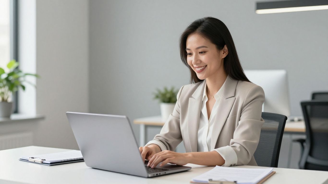 Professional woman working on a laptop in a modern office.
