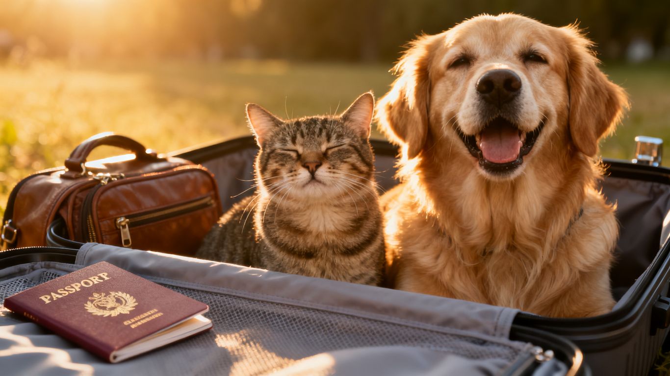 Dog and cat in a travel carrier with passport.