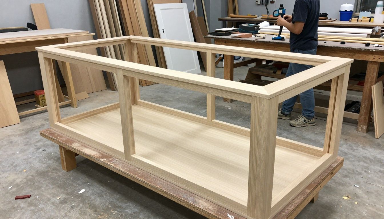 Custom cabinet parts and tools on a workbench.