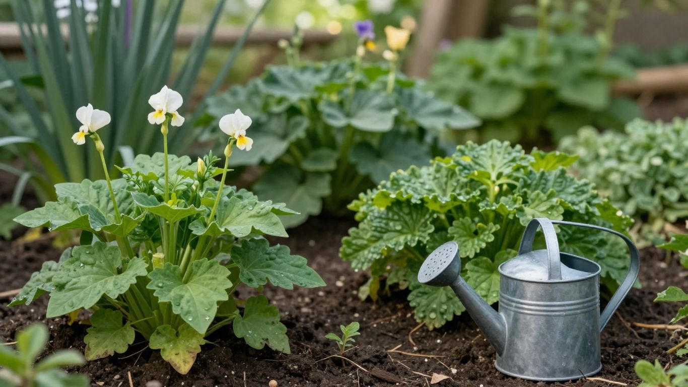 Frühlingsgarten mit jungen Pflanzen und ersten Blüten.