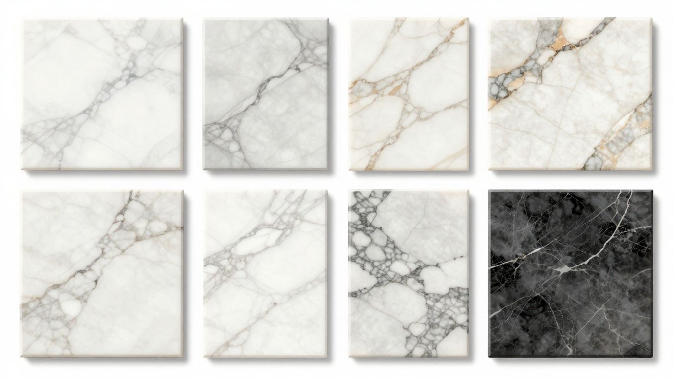 Marble tile samples with various veining patterns and colors.