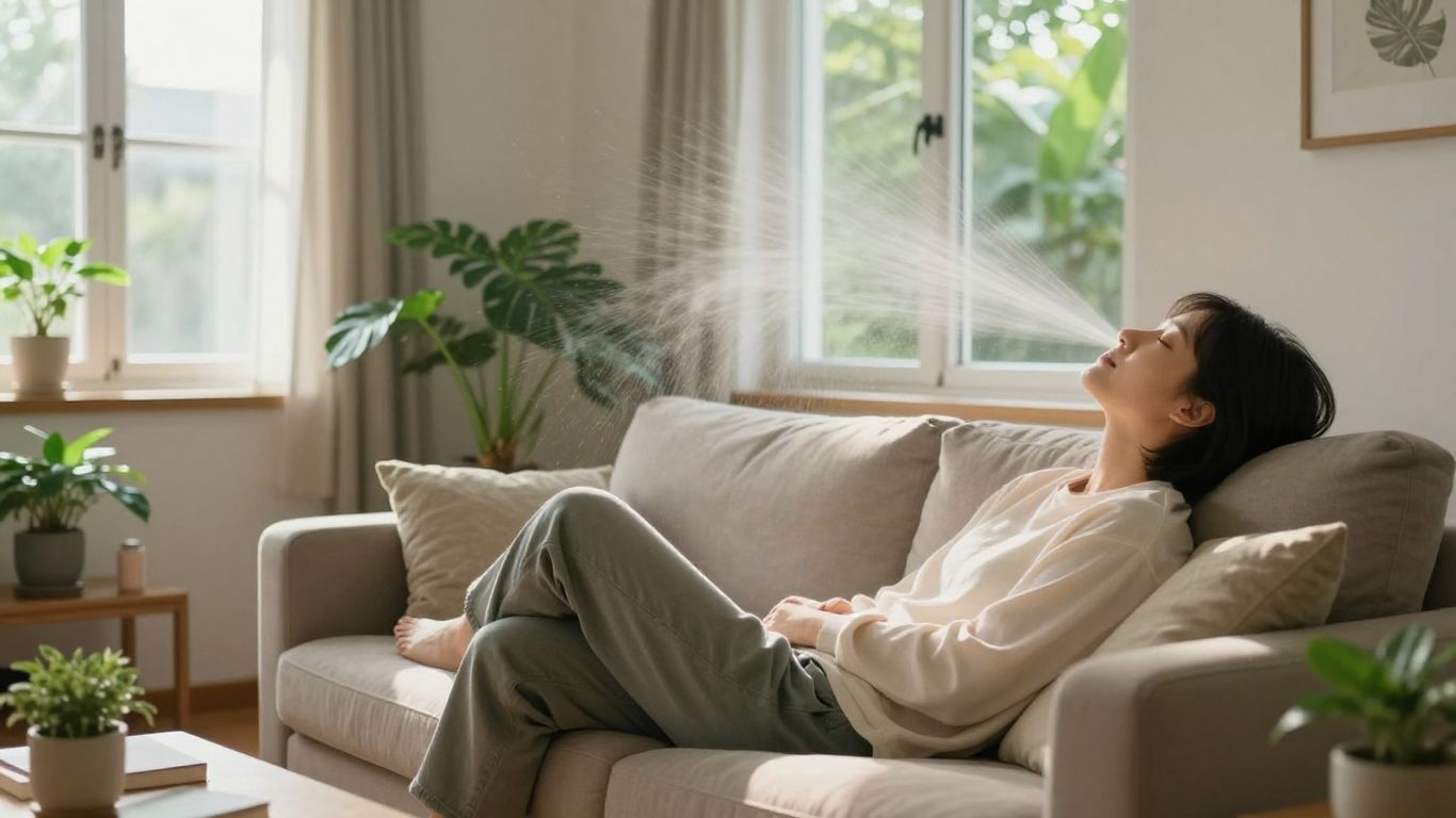 Person relaxing in a clean, well-ventilated living room.