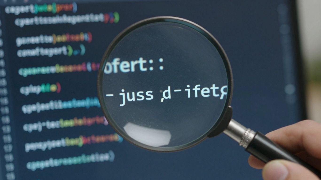 Magnifying glass inspecting code on a computer screen.