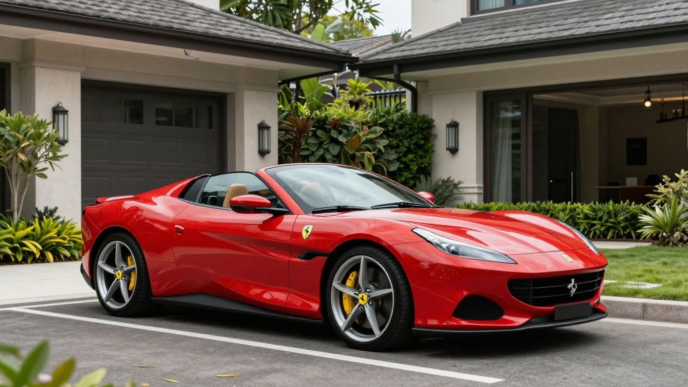 Red Ferrari Portofino parked outside modern home