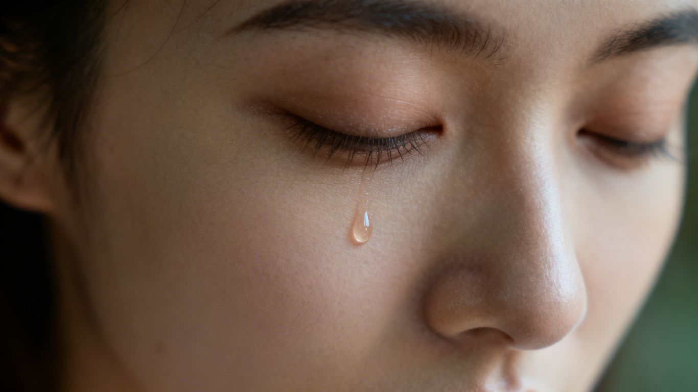 Person's face with a tear, conveying complex emotions.