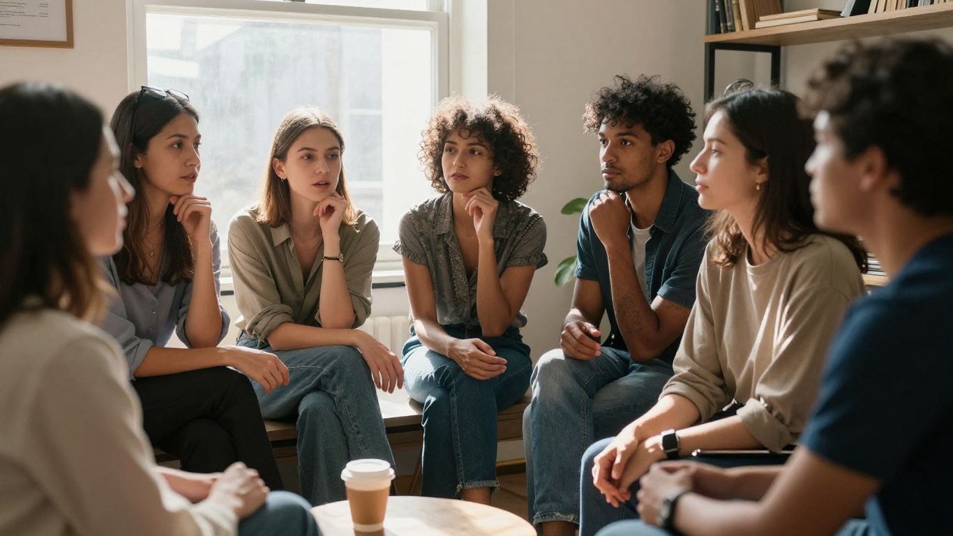 Oameni discutând idei, lumină naturală, atmosferă intelectuală.