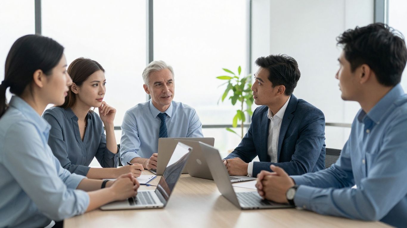 Versicherungsfachleute im modernen Büro, diskutierend, dezente blaue Akzente.