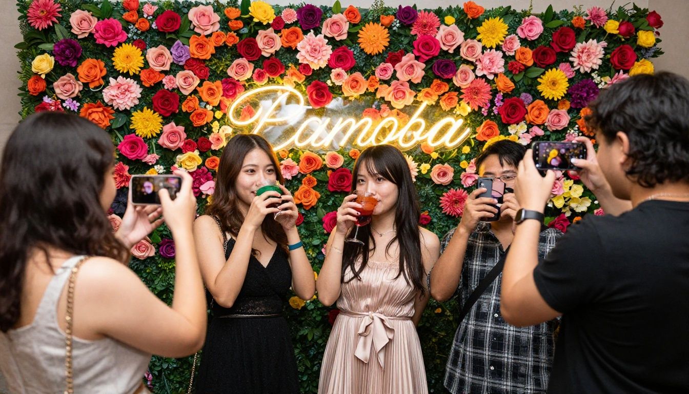 Guests taking a selfie in front of a vibrant, custom-designed floral wall at a party