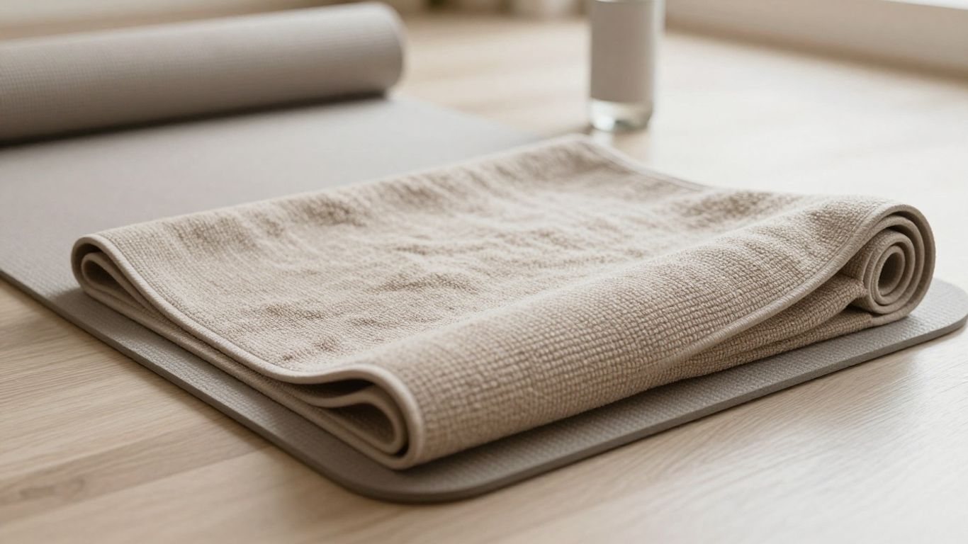 Yoga towel laid neatly across a studio mat
