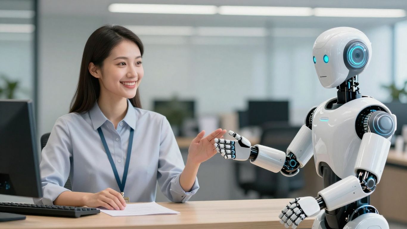 Human receptionist versus AI robot arm in office setting.