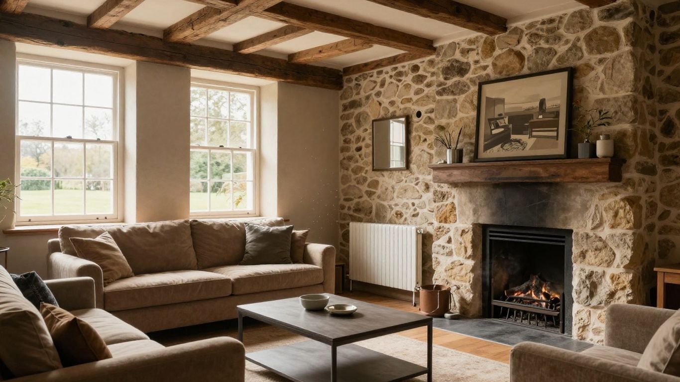 Chauffage moderne dans une maison ancienne avec cheminée.