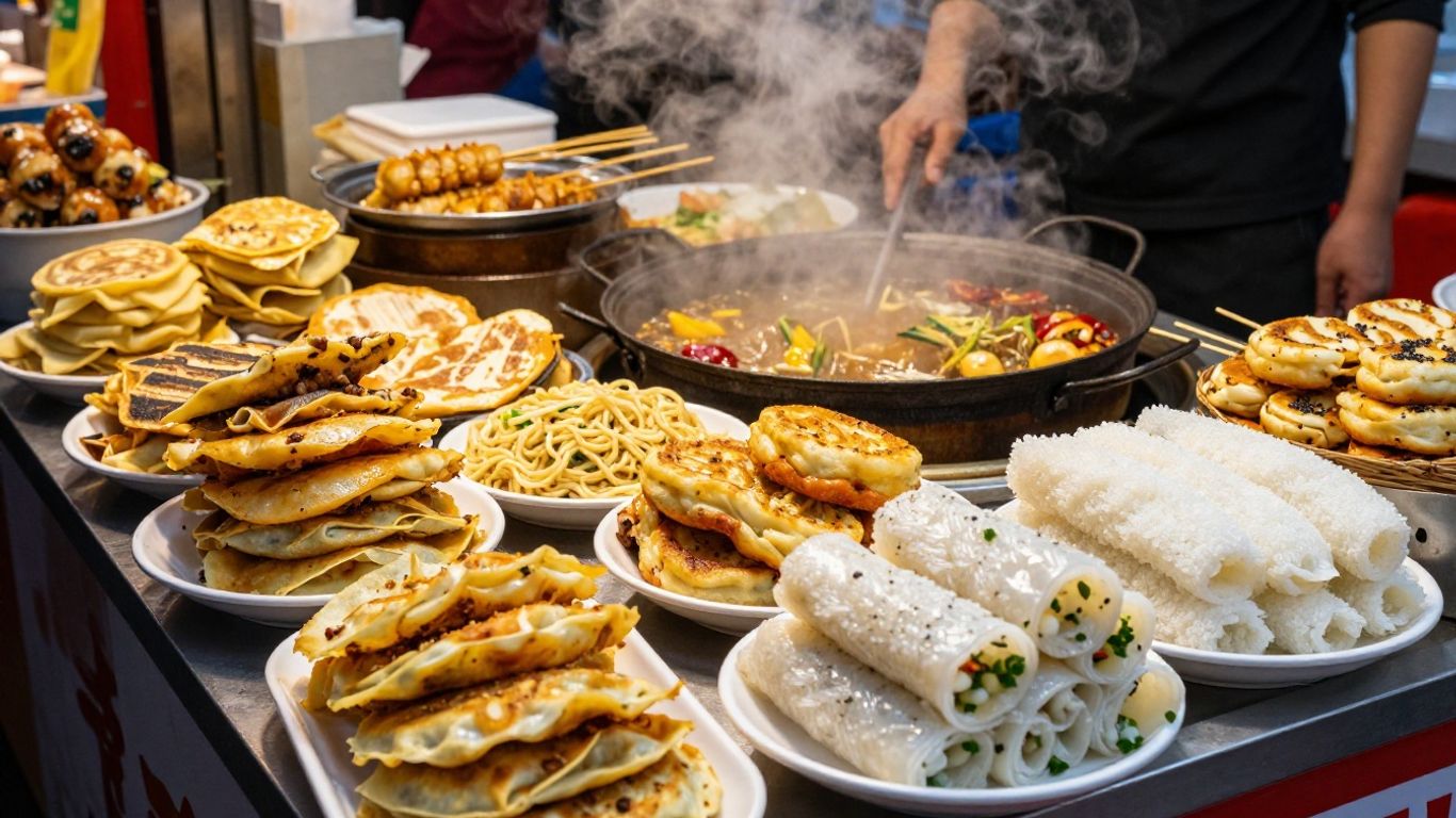 Regional Chinese street food spread