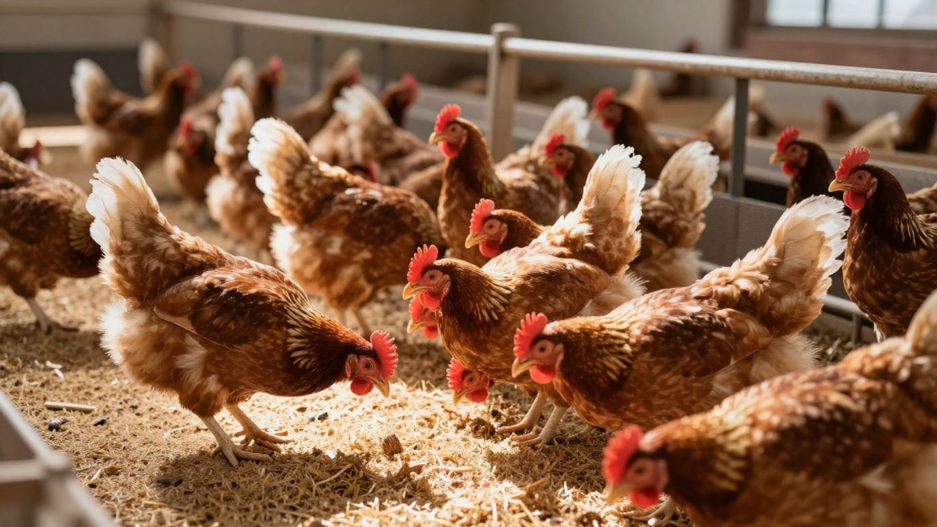 Zdrowe kurczaki jedzące paszę w jasnej kurniku.