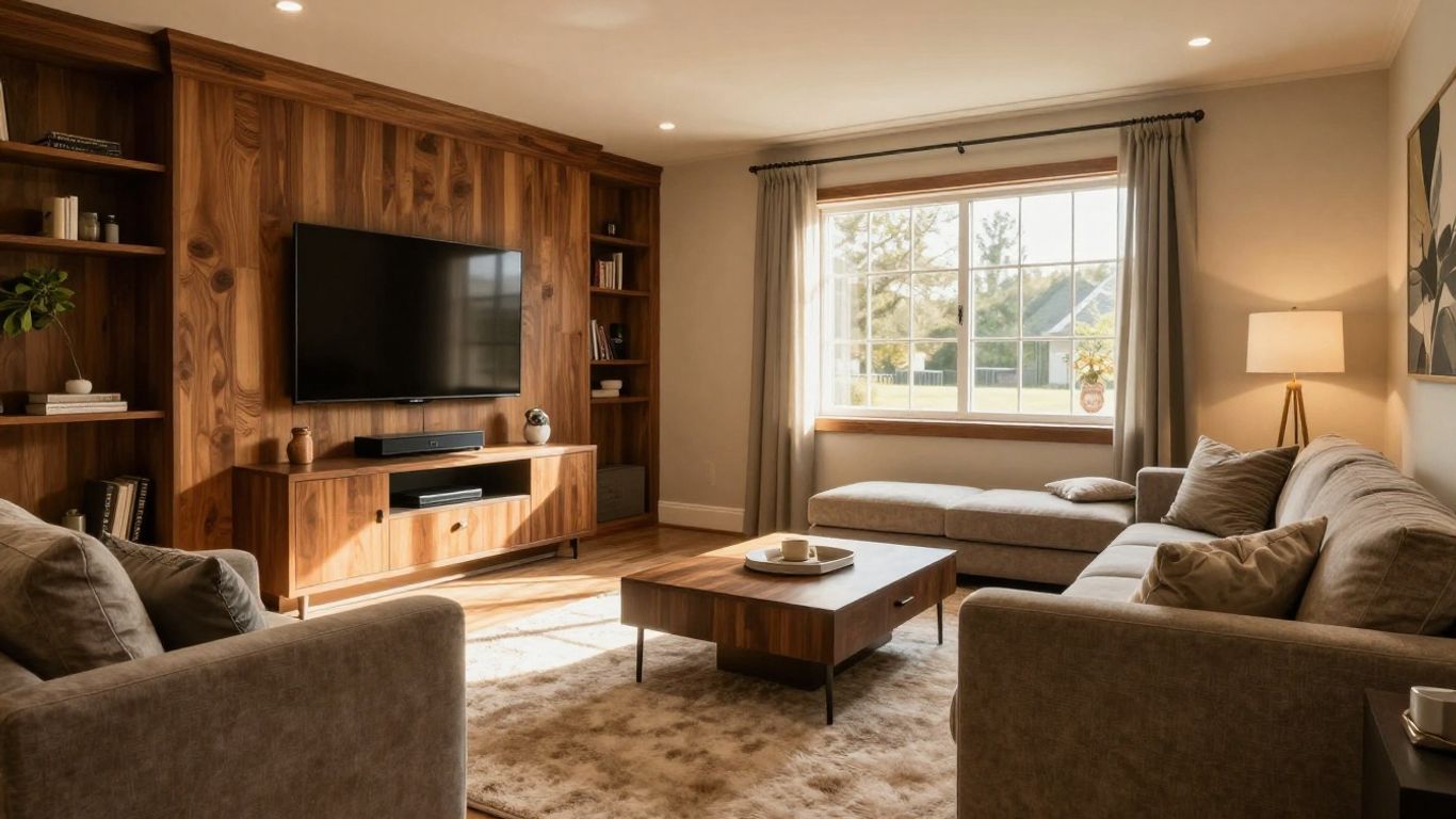 Finished basement with modern decor and warm lighting.