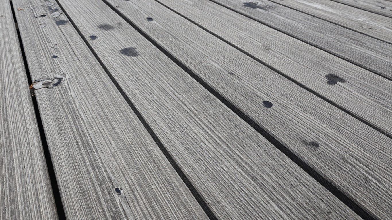 Damaged wooden roof deck showing signs of rot and decay.