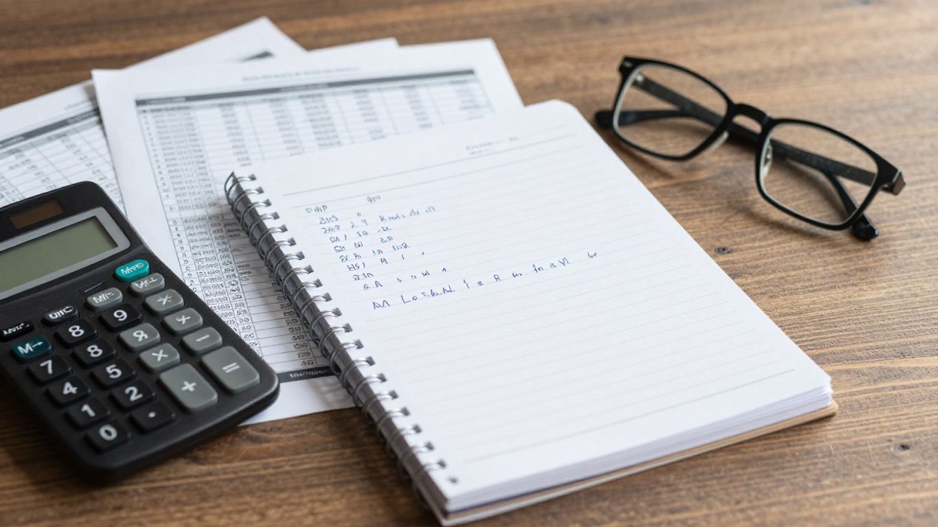 Cálculos financieros realizados sobre una mesa de trabajo