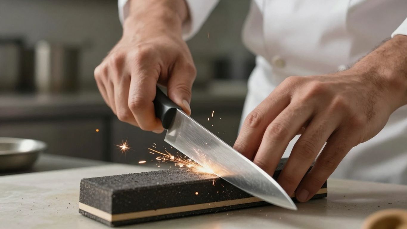 Chef sharpening a kitchen knife on a whetstone.