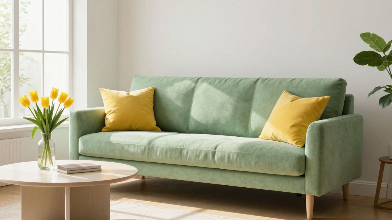 Living room with green sofa and yellow accents