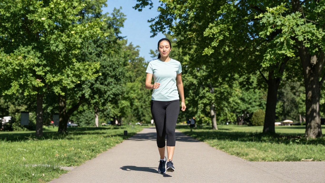 Person running outdoors, looking peaceful and happy.