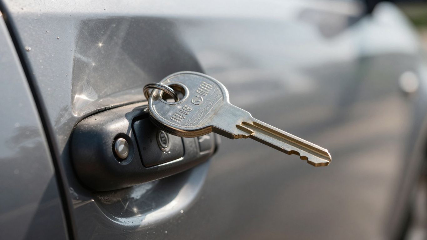 Car key entering a car door lock.