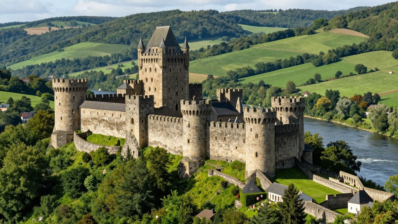 Medieval castle on a hill overlooking a river valley.