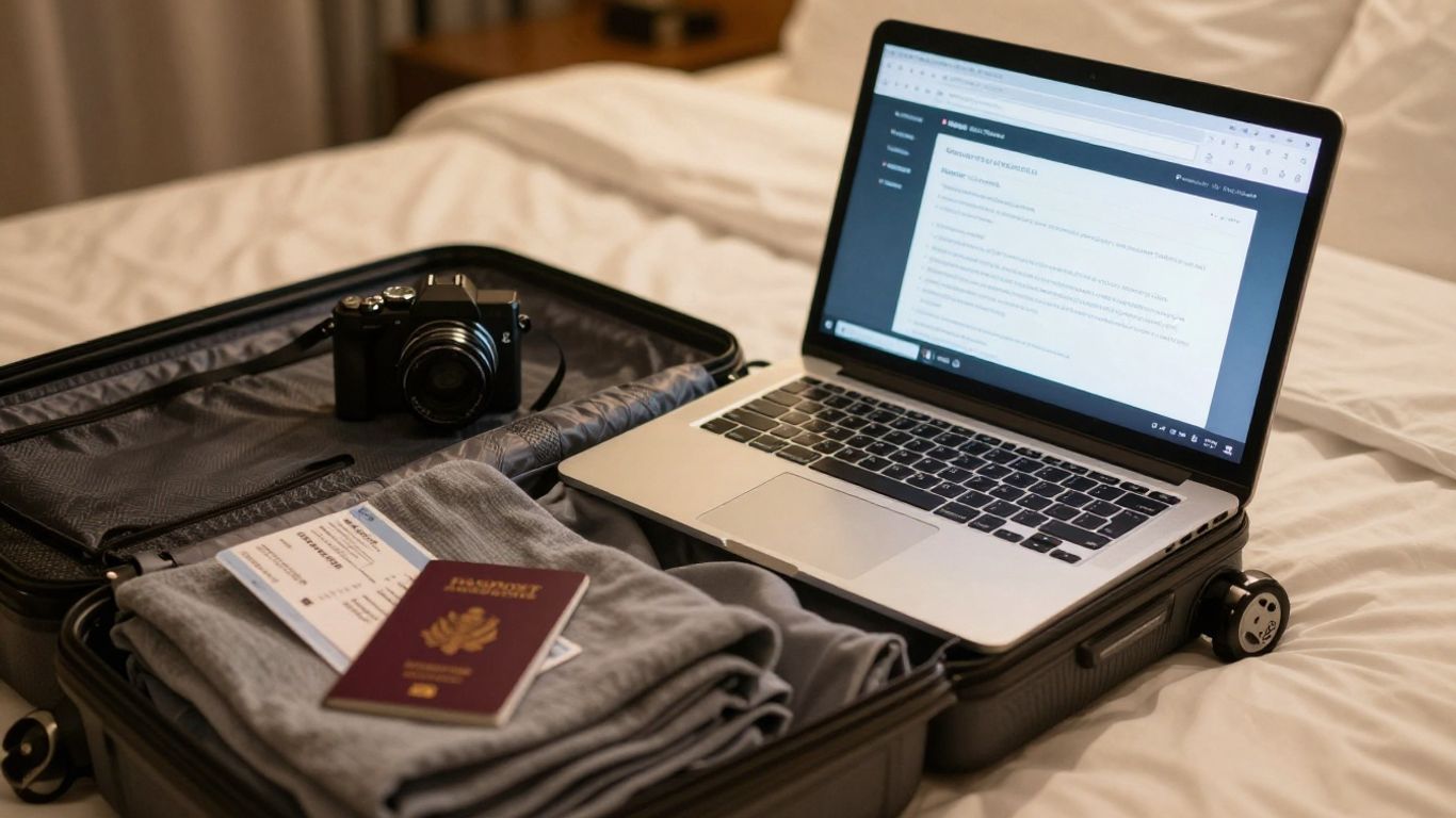Valise et ordinateur pour réserver un séjour