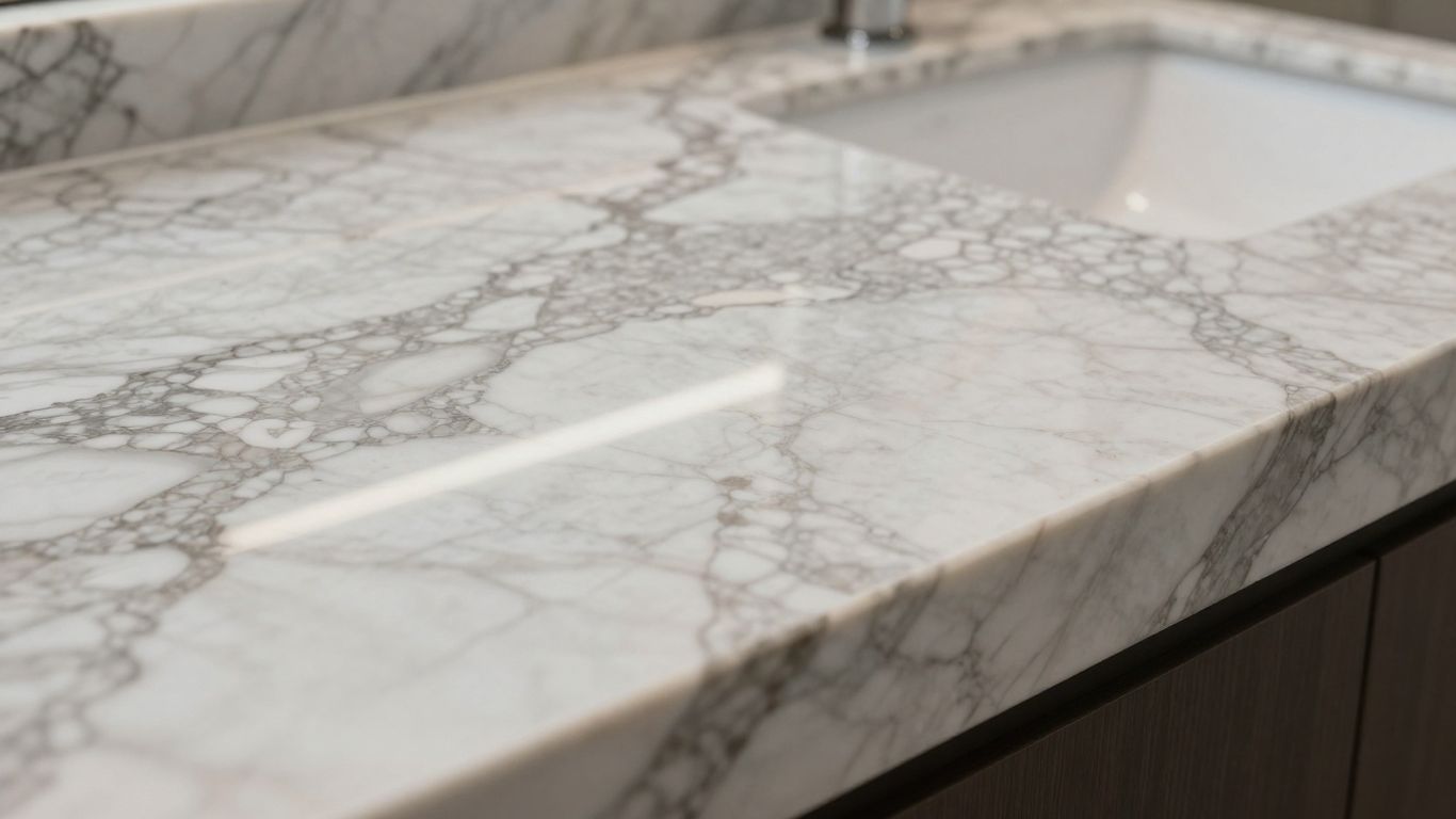 Close-up of a luxurious marble effect kitchen worktop.