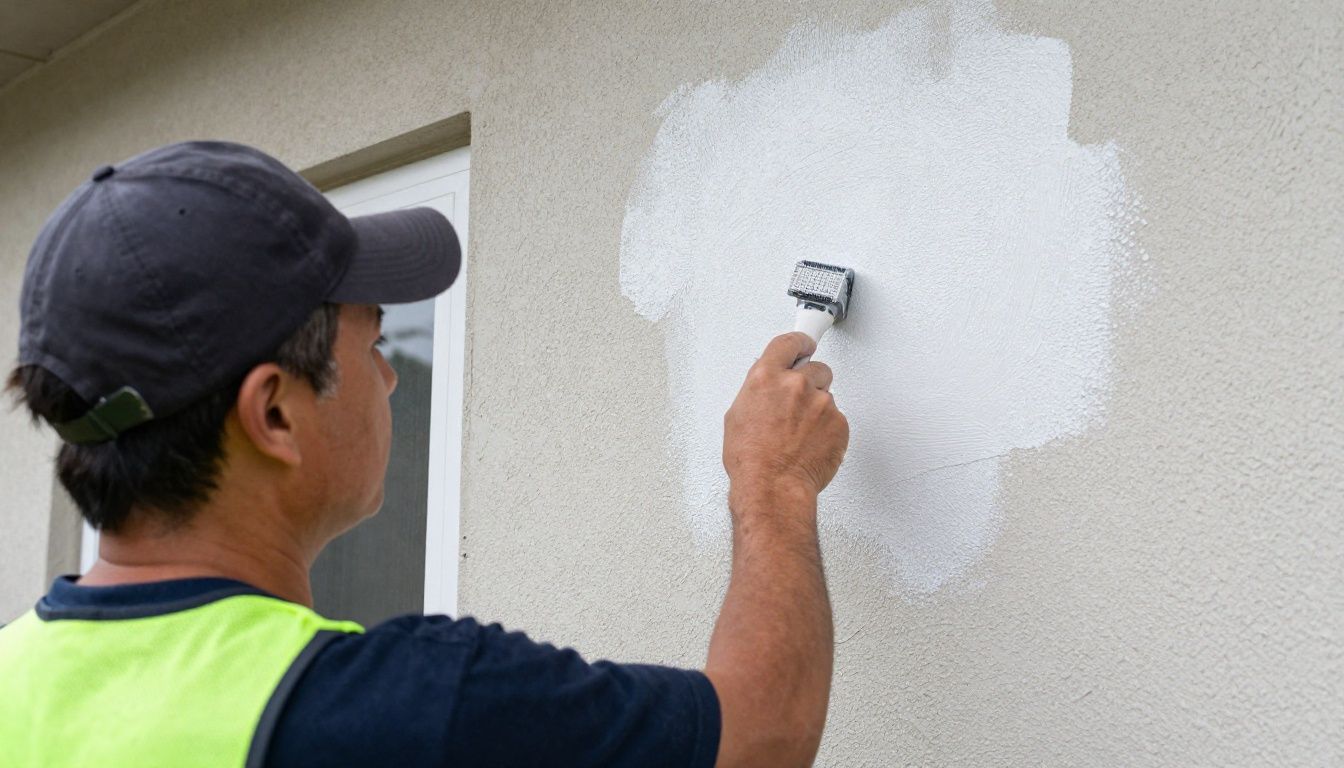 A close-up shot of a professional worker applying specialized exterior paint to a clean stucco residential wall