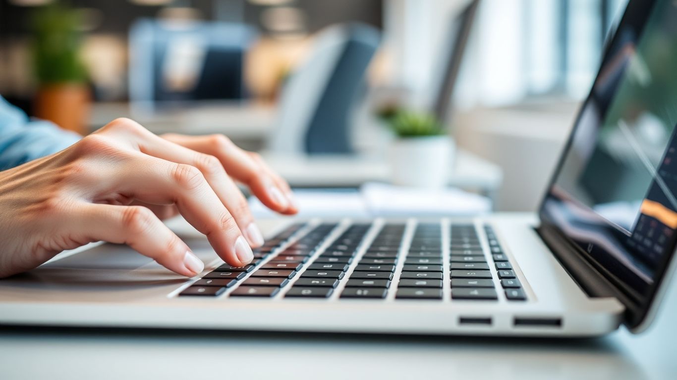 Hands typing on a laptop keyboard for Amazon keyword research.