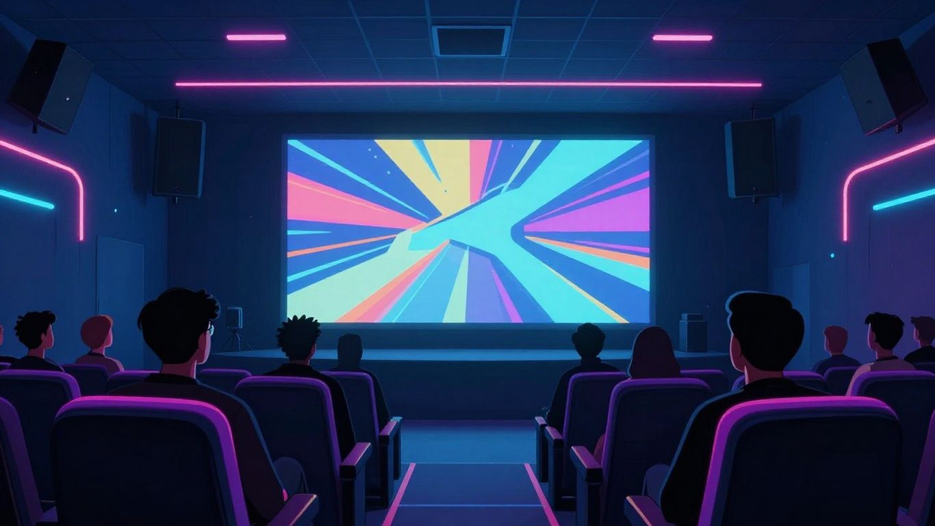 Glows of a futuristic cinema screen and seats.