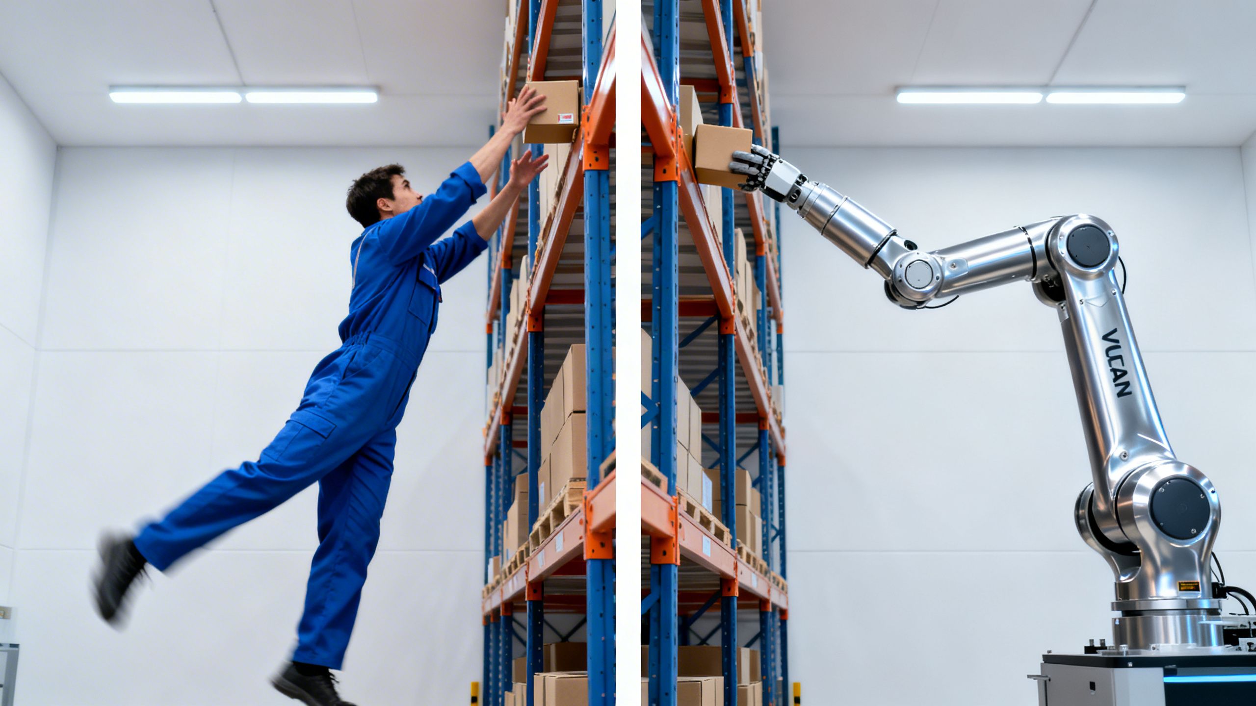 A split-screen image showing a human worker struggling to reach a high shelf on the left, and a sleek Vulcan robot arm easily placing an item on the same shelf on the right, illustrating the efficiency of eCommerce robotic automation.