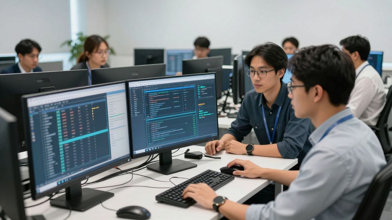 IT professionals collaborating around computers in a modern office