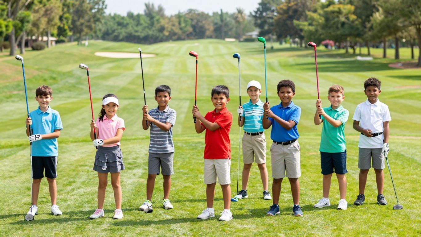 Children with junior golf clubs on a golf course.