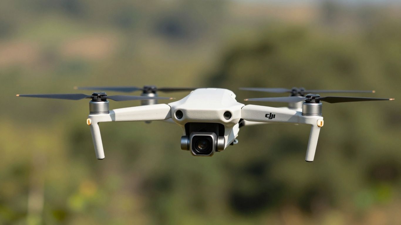 DJI Mavic Mini 1 drone in flight over landscape.