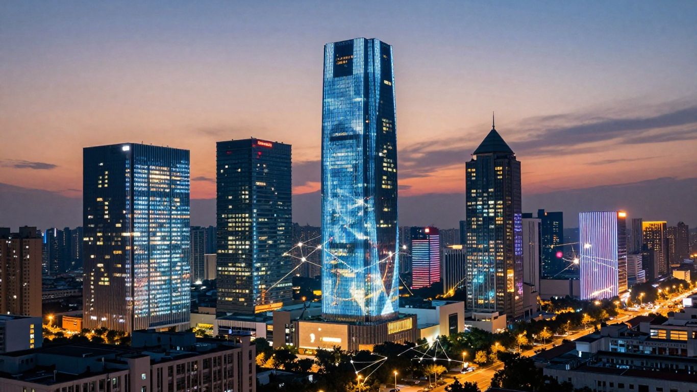 Cityscape with glowing digital screens and light networks.