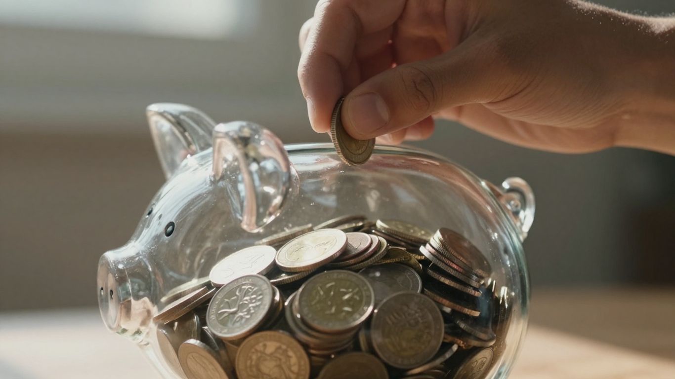 Mâna pune monede într-un porc de economii transparent.