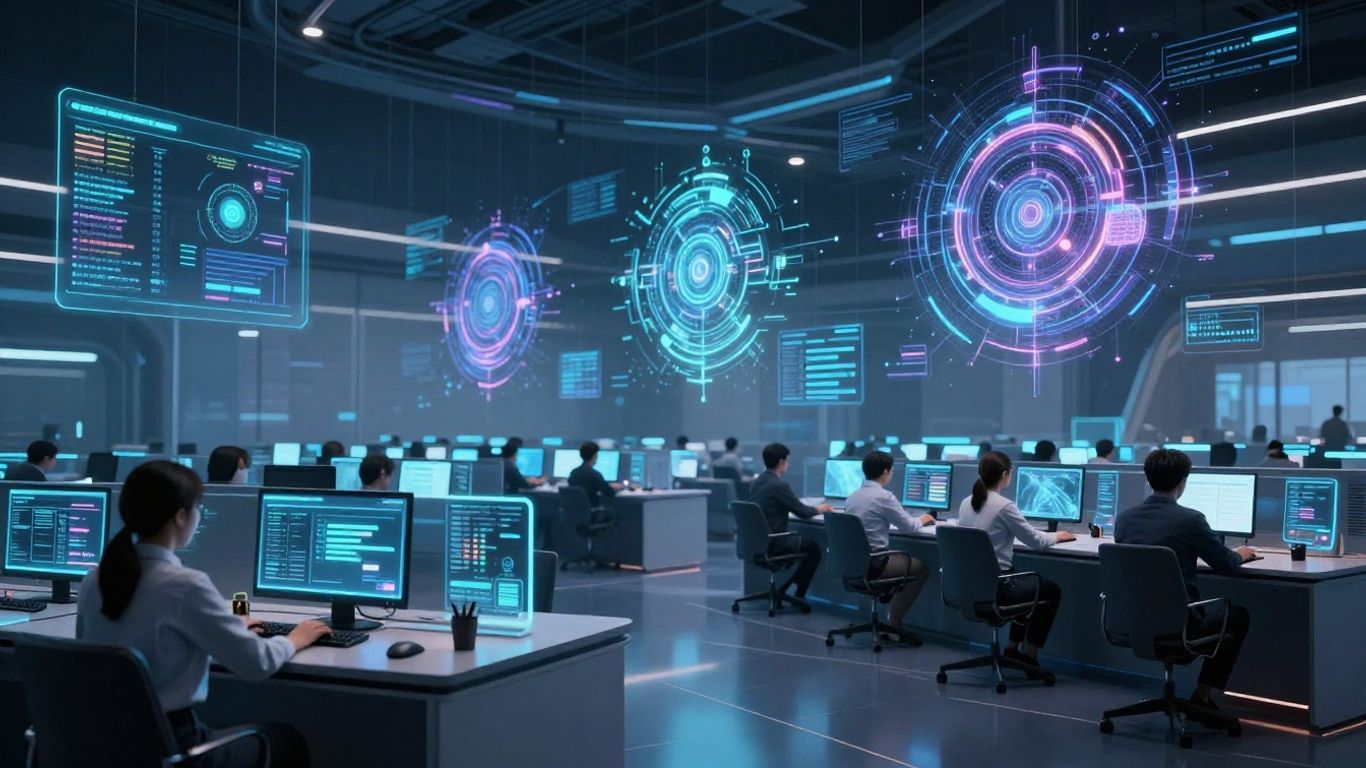 Futuristic call center with AI data visualizations.