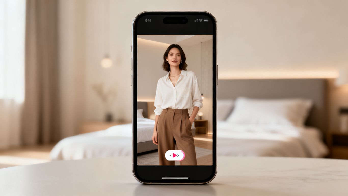 A close-up shot of a smartphone displaying a vertical shoppable video with a small, clickable overlay tag near the bottom.