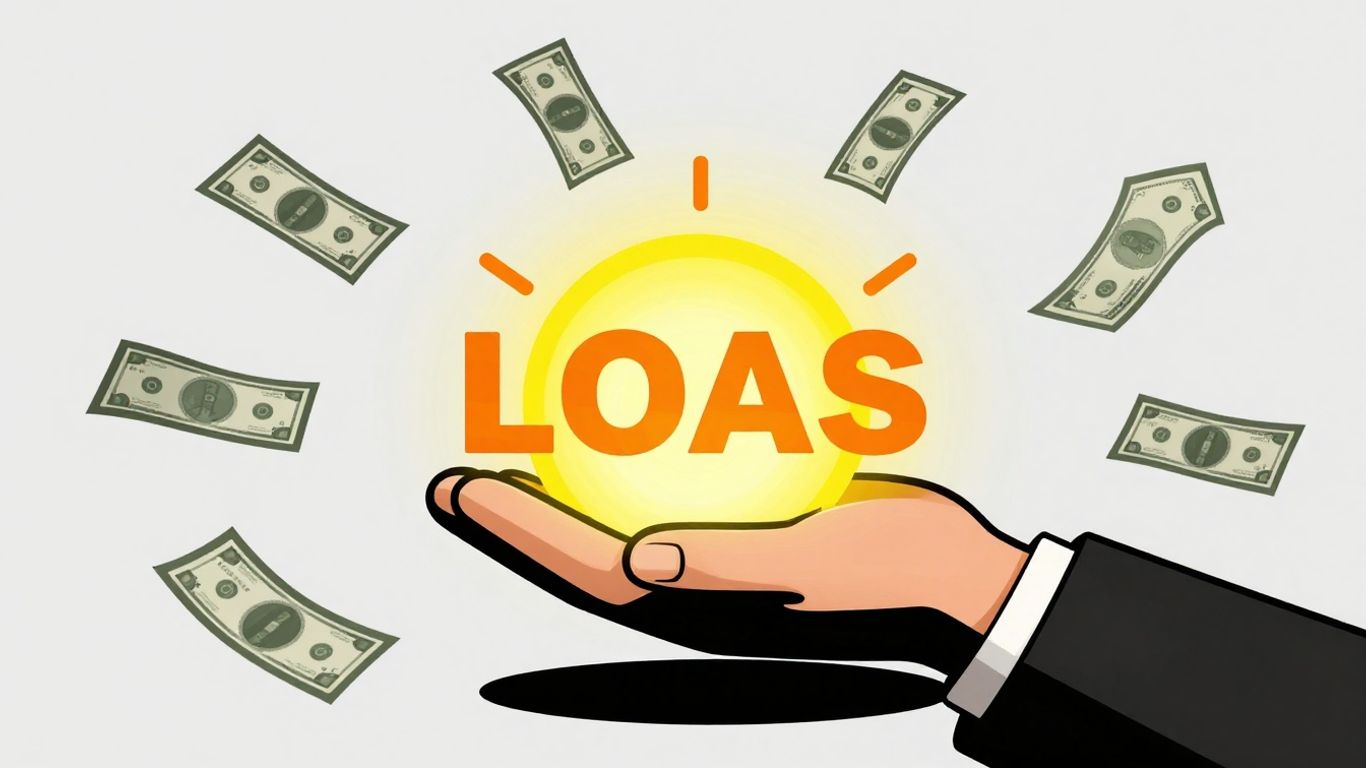 Cartoon hand holding glowing emergency loan symbol with flying money.