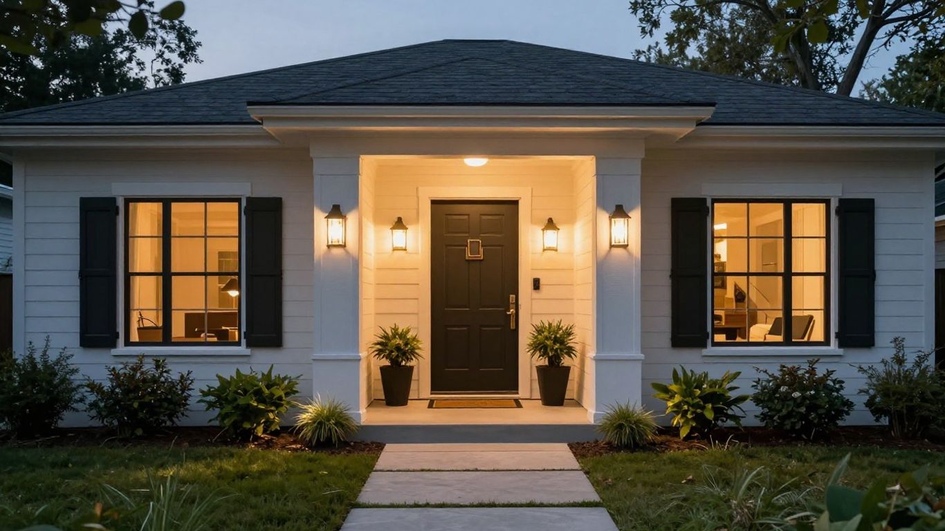 Modern home entryway with stylish porch lighting
