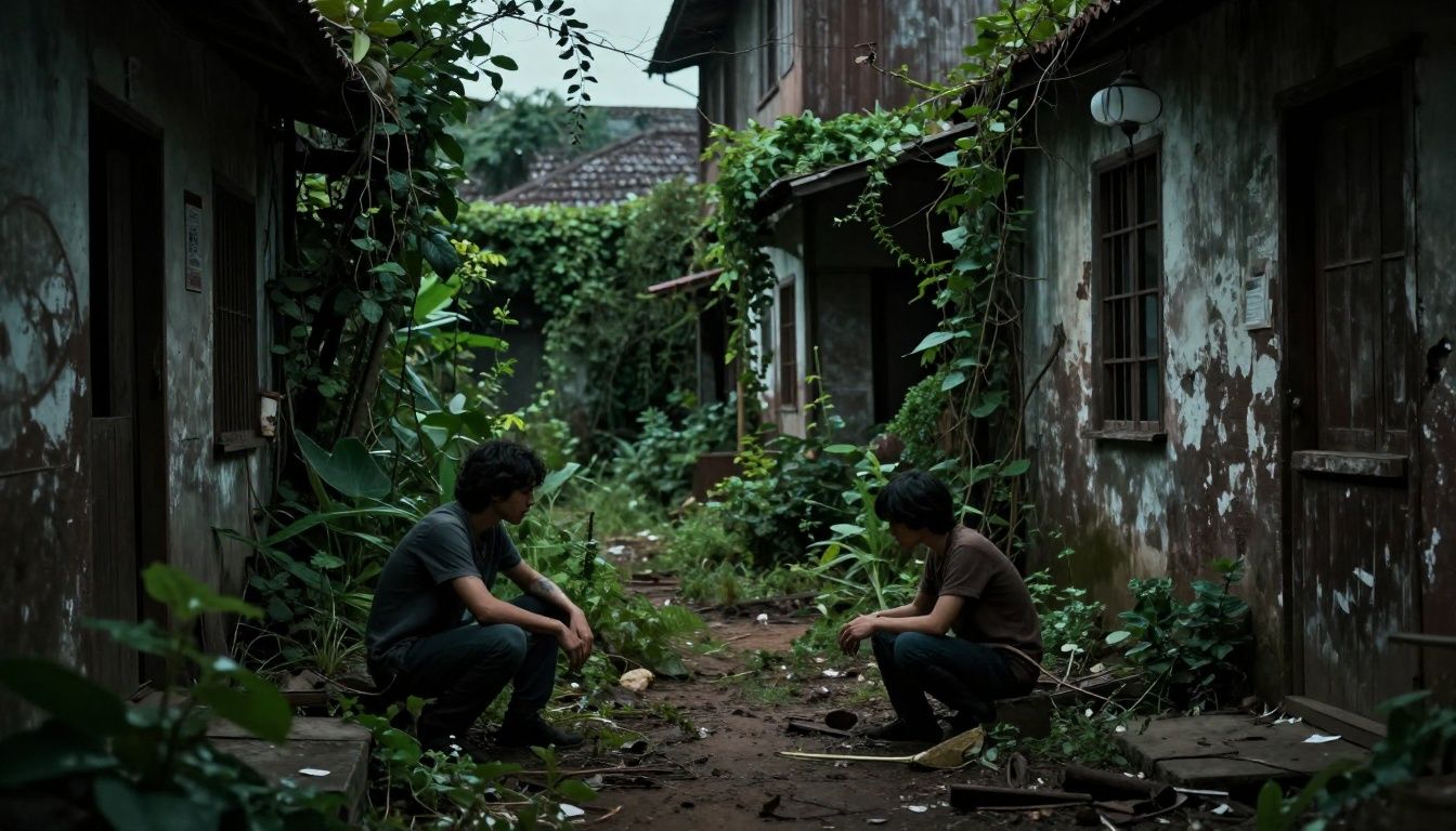 Cena cinematográfica de uma aventura pós-apocalíptica com dois personagens explorando uma cidade abandonada coberta por vegetação, luz dramática e atmosfera emocional
