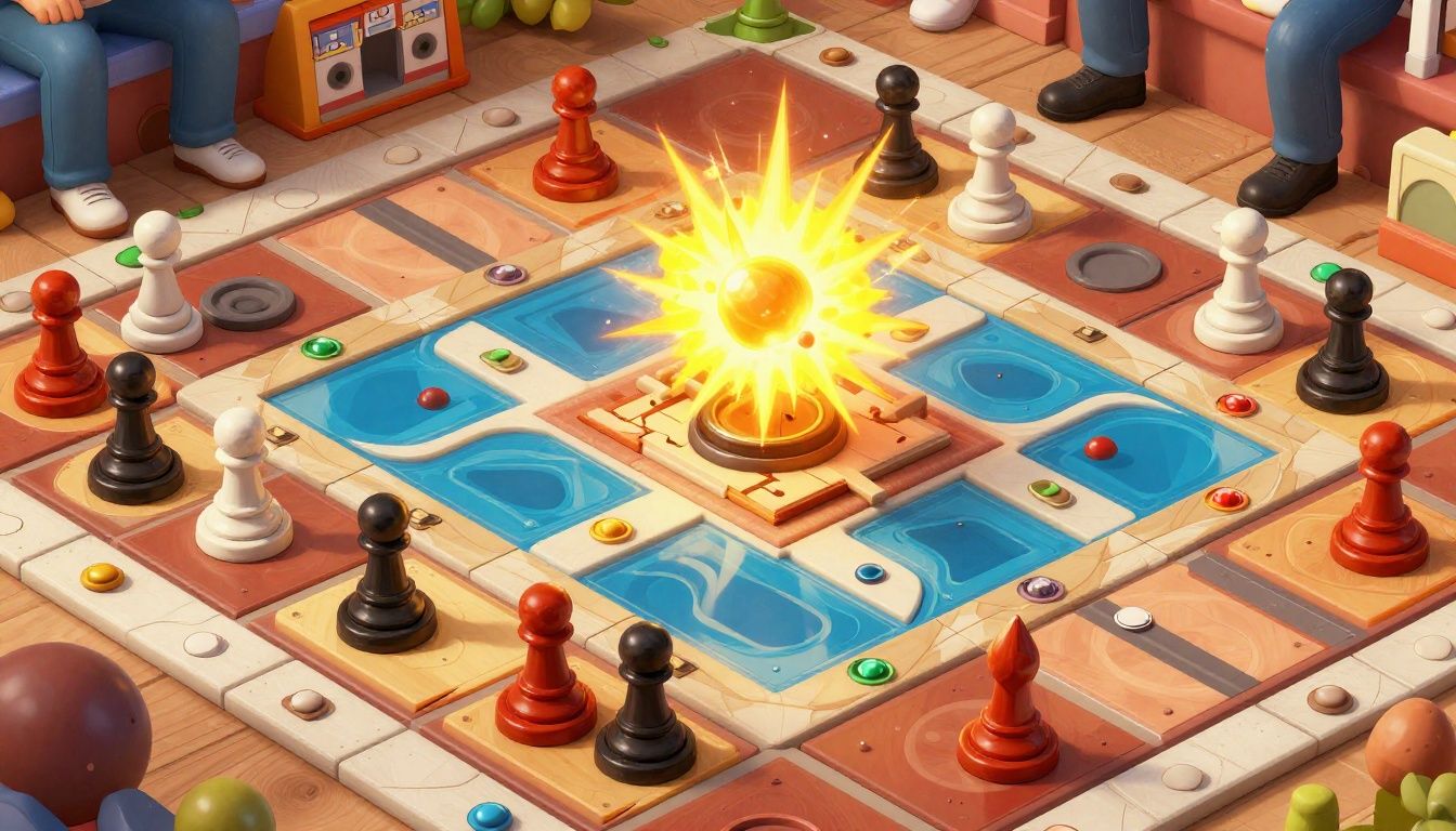 Uma interface estilizada mostrando peças de jogo coloridas sendo combinadas para formar explosões