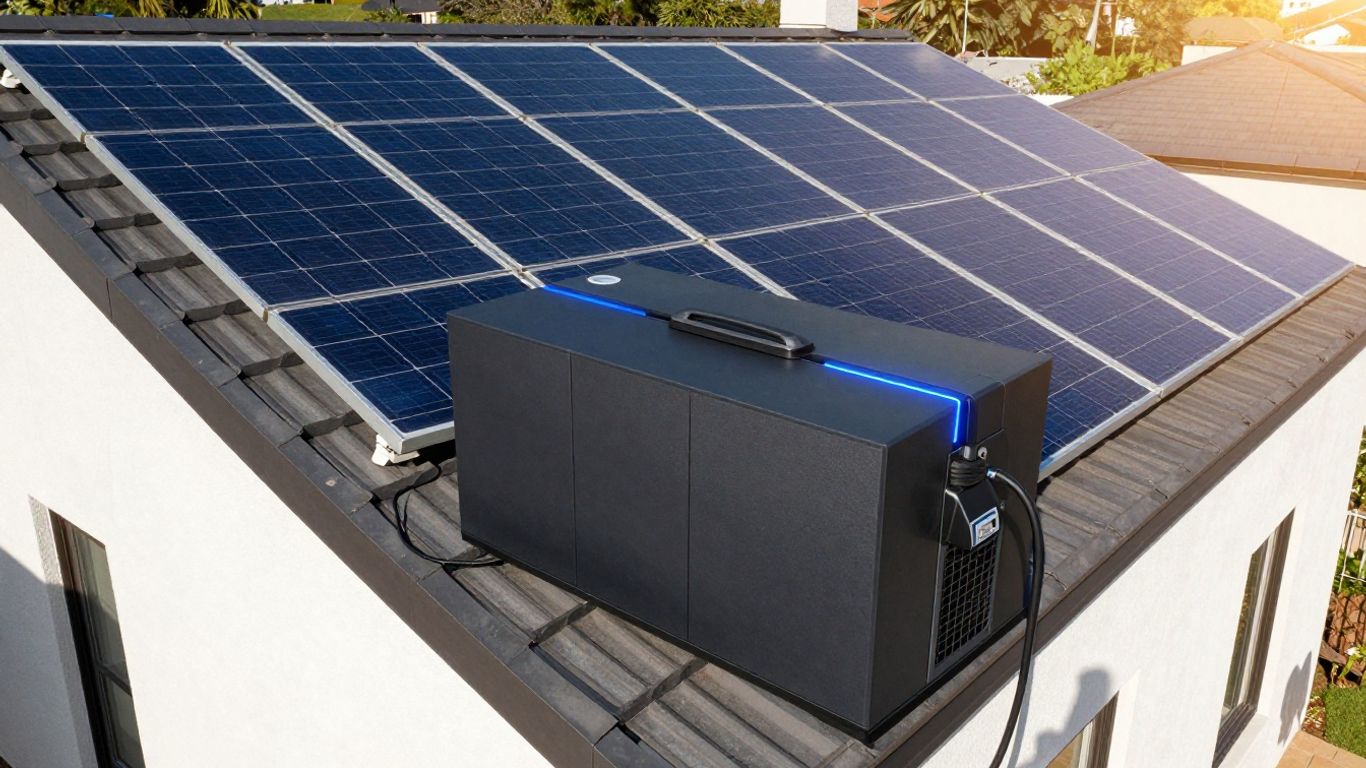 House with solar panels and battery storage.