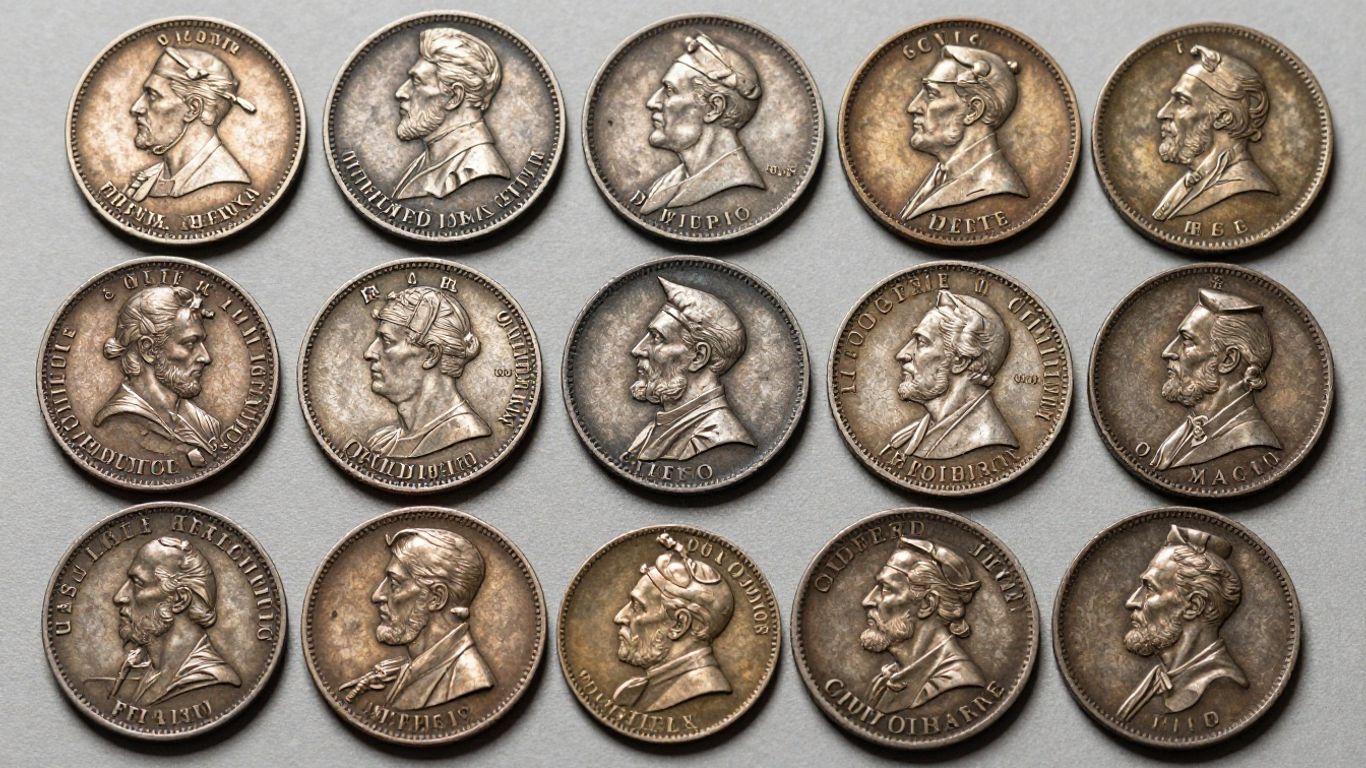 Collection of Civil War tokens with historical designs.